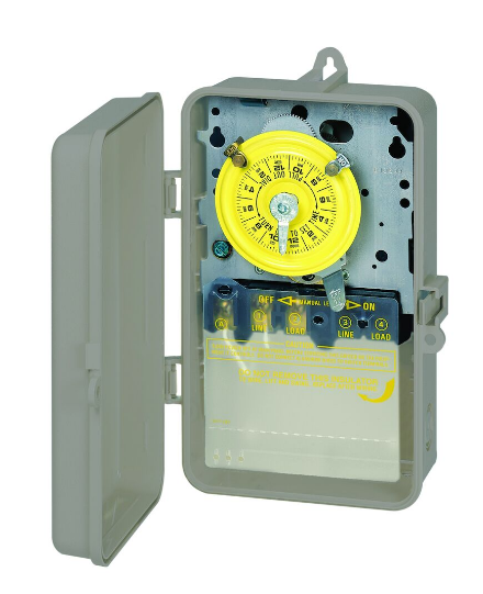 Intermatic T101P 24-Hour Mechanical Time Switch, 120 VAC, 60Hz, SPST, Indoor/Outdoor Plastic Enclosure, 1 Hour Interval