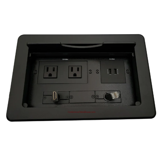 Lew Electric TBUS-10-B5 Cable Well Conference Table Box W/ 2 AC, 2 Charging USB, Reracting HDMI & Cat6, Black