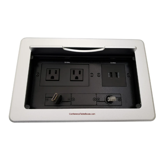 Lew Electric TBTBUS-10-S5 Cable Well Conference Table Box W/ 2 AC, 2 Charging USB, Reracting HDMI & Cat6, Silver