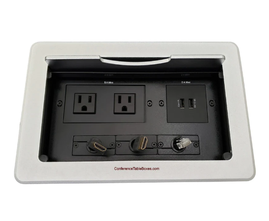 Lew Electric TBUS-10-S6 Cable Well Table AV Box W/ 2 AC, 2 Charging USB, Reracting 2 HDMI & Cat6, Silver