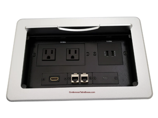 Lew Electric TBUS-10-S8 Cable Well Table AV Box W/ 2 Power, 2 Charging USB,1 HDMI, 2 Cat6, 1 USB-C, Silver