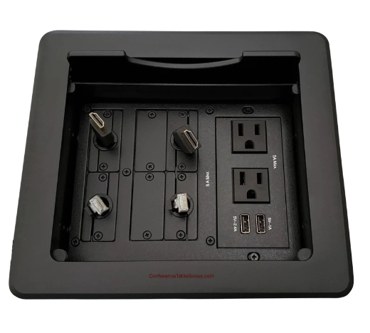 Lew Electric TBUS-1N-B7 Cable Well Table Box W/ 4 Power AC, 2 Charging USB, 2 Retracting HDMI & Cat6, Black