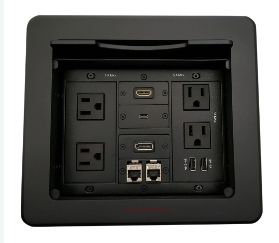 Lew Electric TBUS-1N-B8 Cable Well Table Box W/ 2 Power, 2 Charging USB, 1 HDMI, 1 HDMI, 1 DisplayPort, 1 USB-C & 2 Cat6, Black