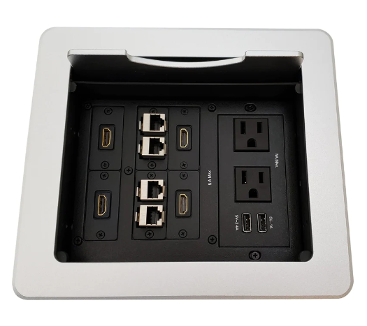 Lew Electric TBUS-1N-S3 Cable Well Table Box W/ 2 Power AC, 2 Charging USB, 4 HDMI, 4 Cat6, Silver