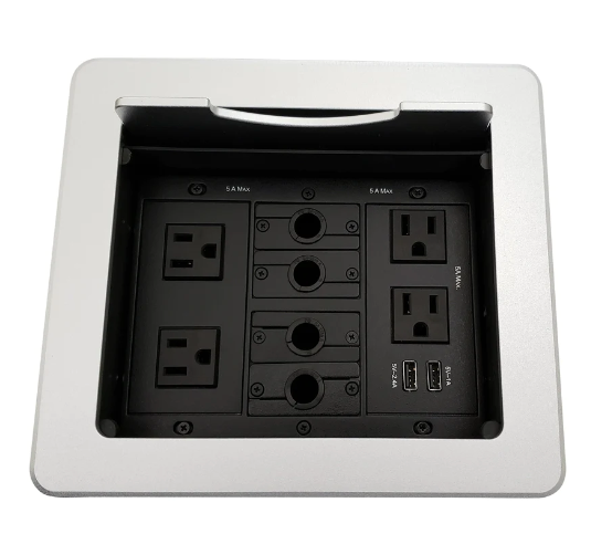 Lew Electric TBUS-1N-S4 Cable Well Table Box W/ 4 Power AC, 2 Charging USB, 4 Cable Holes, Silver