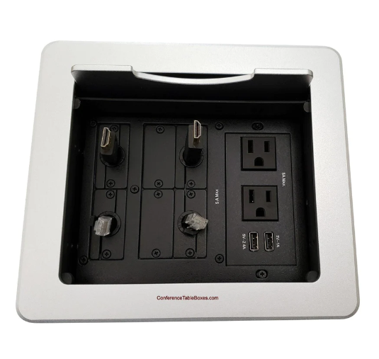 Lew Electric TBUS-1N-S7 Cable Well Table Box W/ 4 Power AC, 2 Charging USB, 2 Retracting HDMI & Cat6, Silver