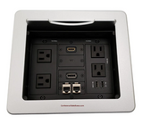 Lew Electric TBUS-1N-S8 Cable Well Table Box W/ 2 Power, 2 Charging USB, 1 HDMI, 1 HDMI, 1 DisplayPort, 1 USB-C & 2 Cat6, Silver