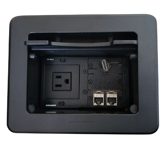 Lew Electric TBUS-5-B7 Cable Well Table Box W/ 1 Power, 1 Retracting HDMI, 2 Cat6, Black