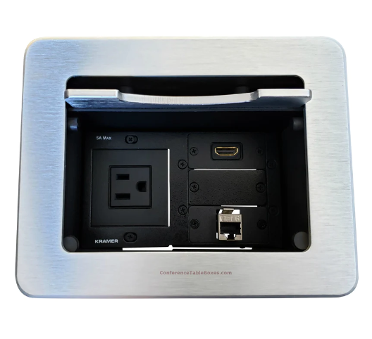 Lew Electric TBUS-5-S8 Cable Well Table Box W/ 1 Power, 1 HDMI & 1 Cat6, Silver