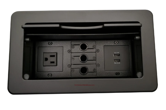 Lew Electric TBUS-6-B4 Conference Table Box, 1 Power, 2 Charging USB, 3 Grommet Holes - Black
