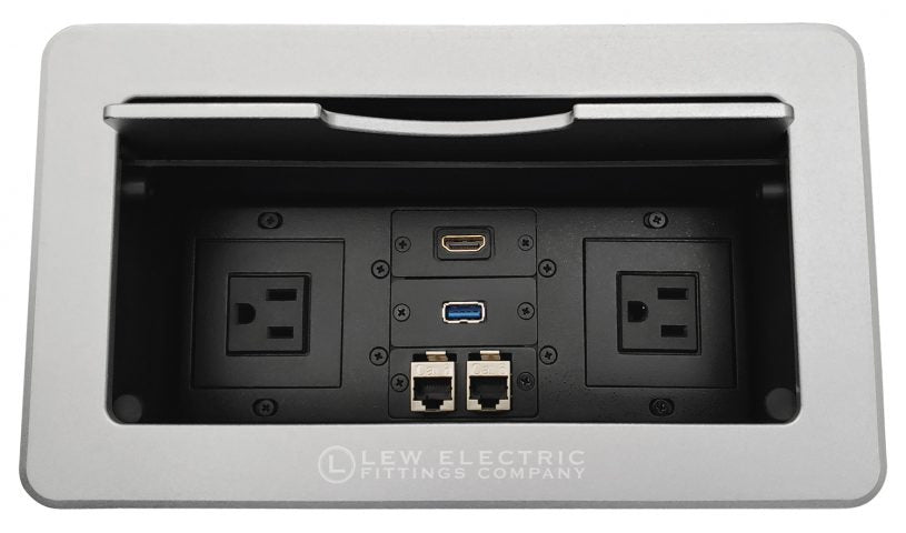 Lew Electric TBUS-6-S2 Conference Table Connectivity Box, 2 AC, 1 HDMI, 1 USB, 2 Data, Silver Finish