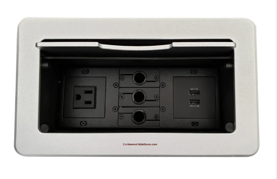 Lew Electric TBUS-6-S4 Conference Table Box, 1 Power, 2 Charging USB, 3 Cable Holes - Silver