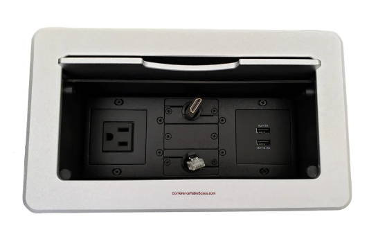 Lew Electric TBUS-6-S8 Cable Well, 1 Power, 2 Charging USB, Retracting HDMI & Data, Silver