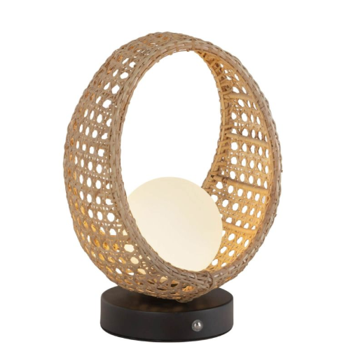 Kuzco Lighting TL20616-BK/OP Lanai 16 inch Tall LED Table Lamp in Black with Opal Glass and Rattan Shade, Color Temperature 3000K