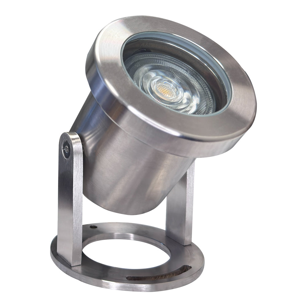 Stainless steel underwater light with a heavy-duty 304 body, circular base, and adjustable bracket.