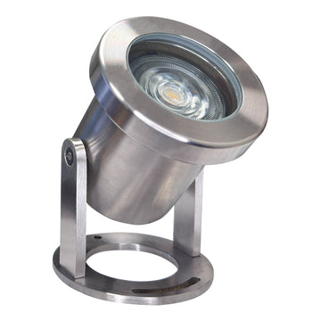 Stainless steel underwater light with a heavy-duty 304 body, circular base, and adjustable bracket.