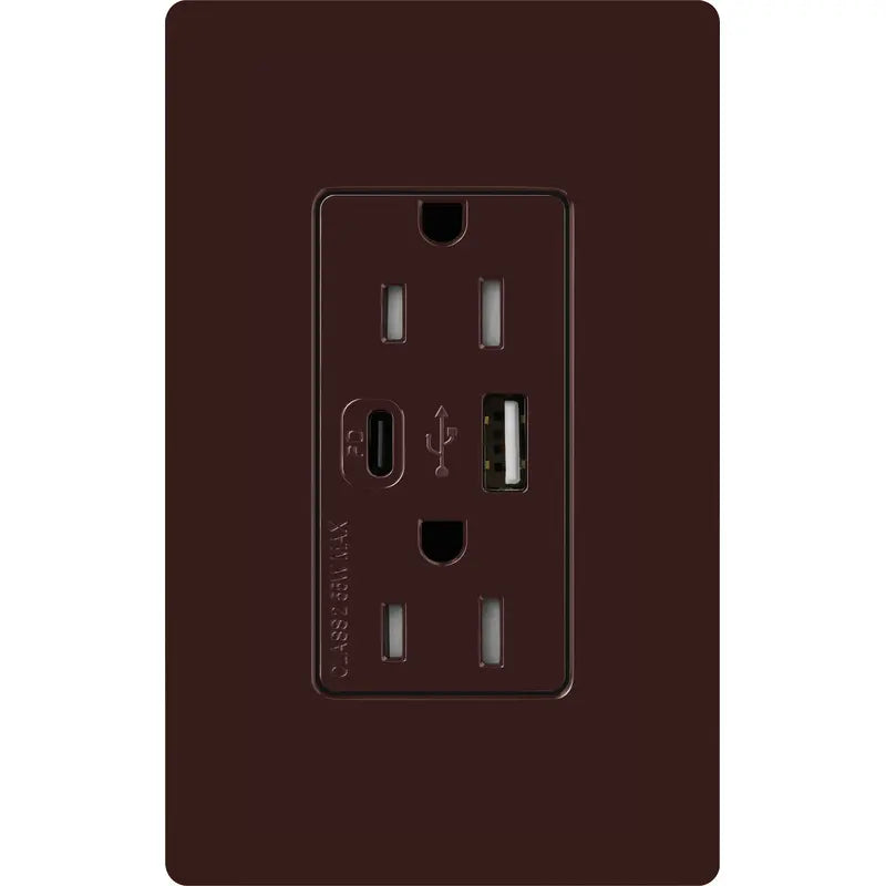 Lutron CAR-15-ACTR-BR Claro 15A Tamper-Resistant USB Type A and C Duplex Receptacle - Finish: Brown