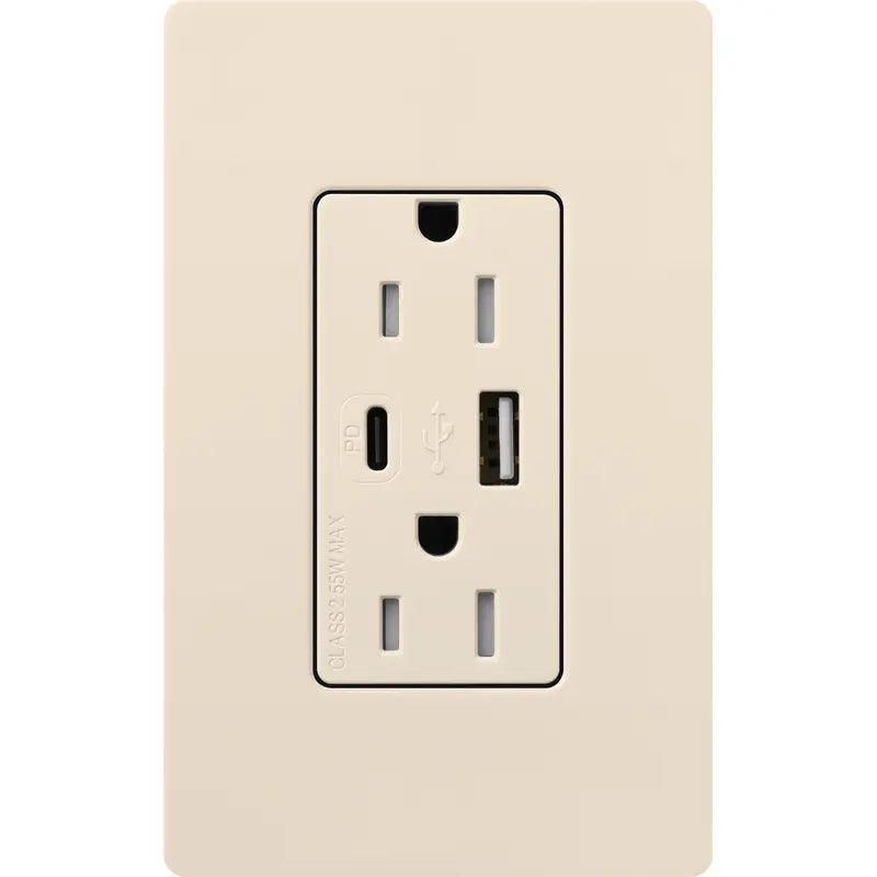 Lutron CAR-15-ACTR-LA Claro 15A Tamper-Resistant USB Type A and C Duplex Receptacle - Finish: Light Almond