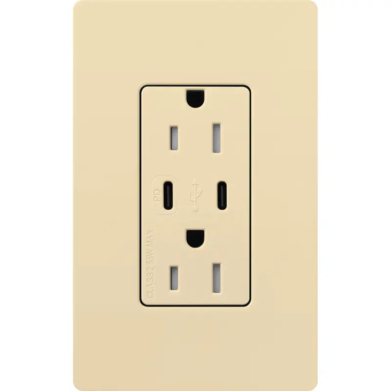 Lutron CAR-15-CCTR-IV Claro 15A Tamper-Resistant USB Type C Duplex Receptacle -  Finish: Ivory