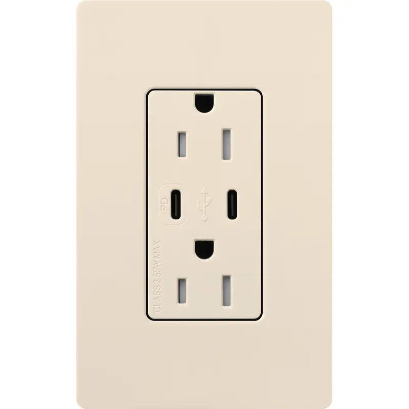 Lutron CAR-15-CCTR-LA Claro 15A Tamper-Resistant USB Type C Duplex Receptacle -  Finish:  Light Almond