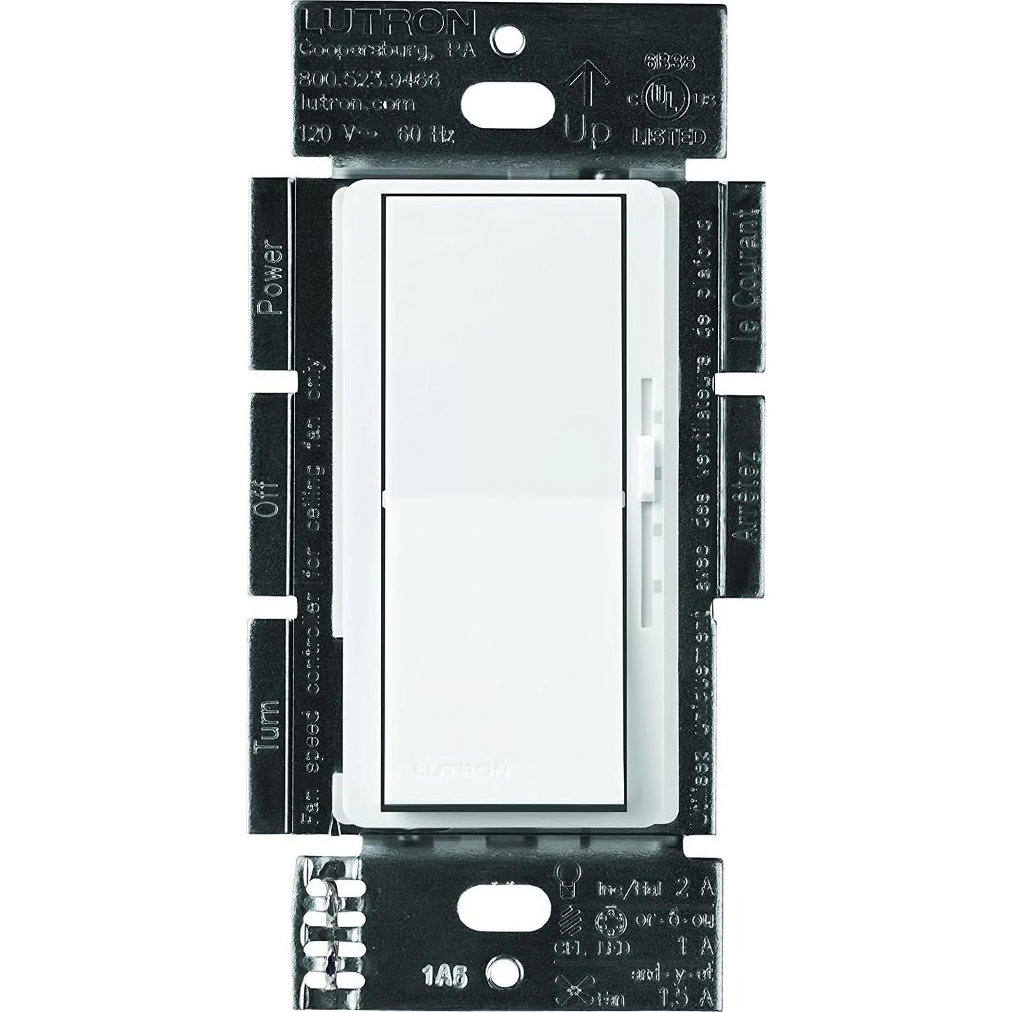 Lutron DVFSQ-LFH-WH Diva Fan Control Light Switch 3 Speed 120V White Single Pole 3 Way