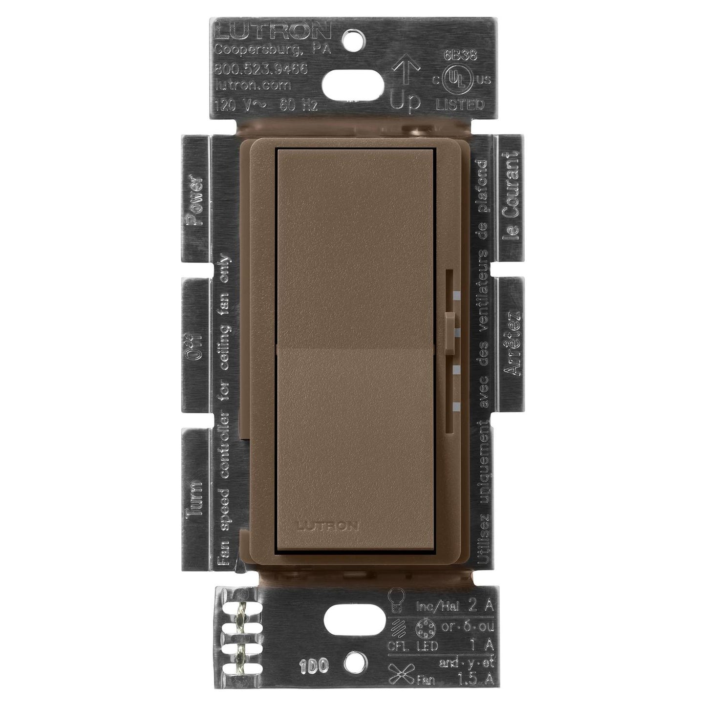 Lutron DVSCFSQ-LF-EP Diva Quiet Single Pole 3-Speed Fan Control and Light Switch - Finish: Espresso