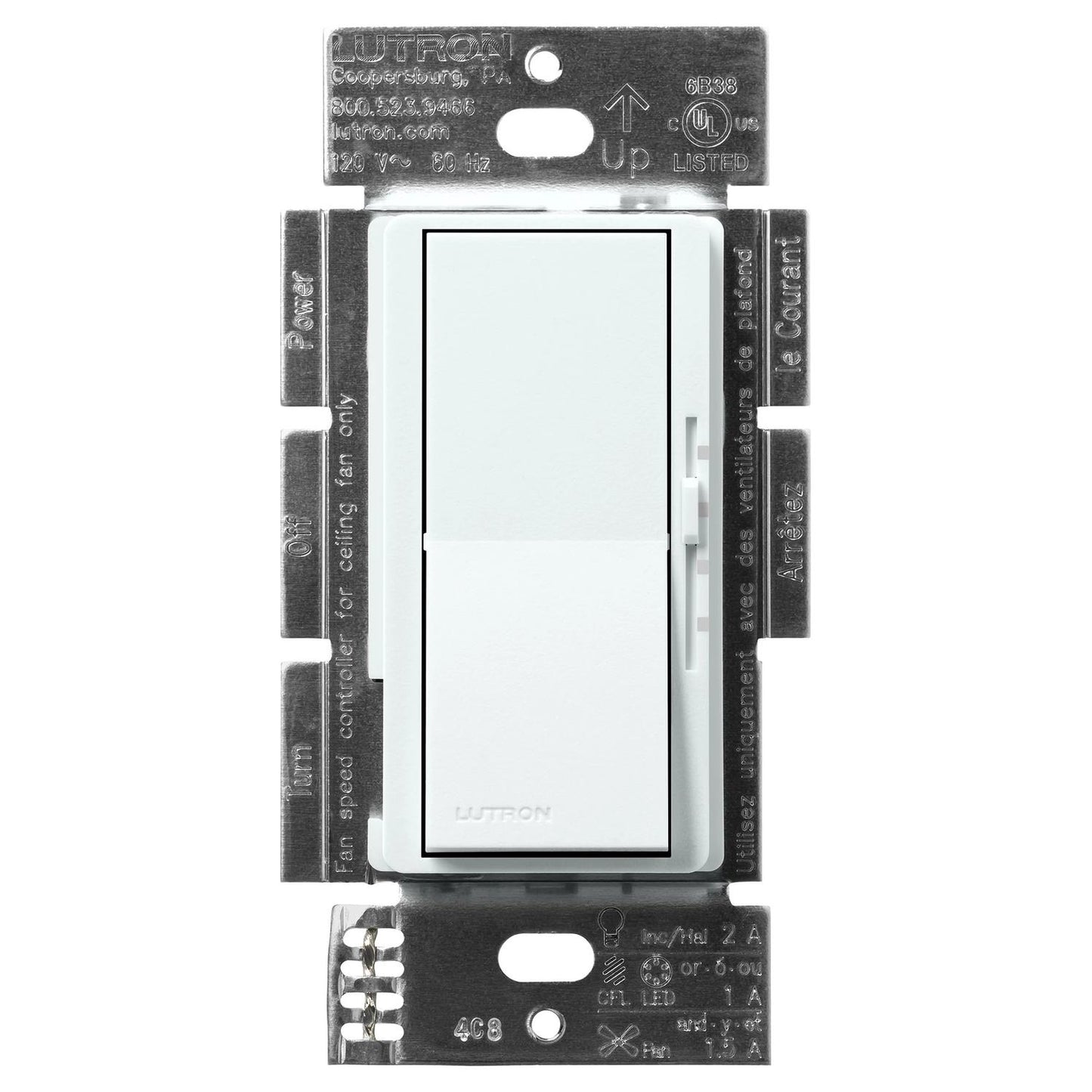 Lutron DVSCFSQ-LF-GL Diva Quiet Single Pole 3-Speed Fan Control and Light Switch - Finish: Glacier White