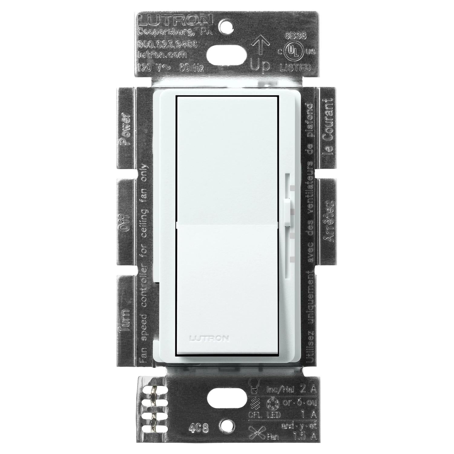 Lutron DVSCFSQ-LF-GL Diva Quiet Single Pole 3-Speed Fan Control and Light Switch - Finish: Glacier White
