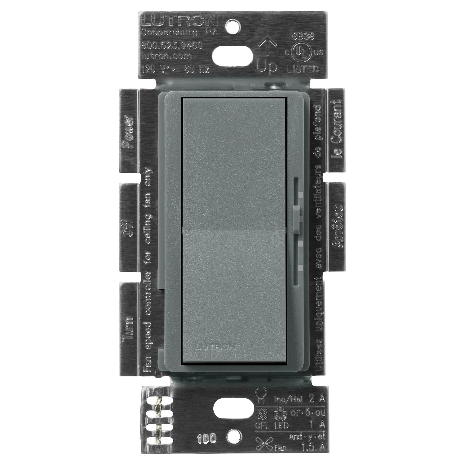Lutron DVSCFSQ-LF-SL Diva Quiet Single Pole 3-Speed Fan Control and Light Switch - Finish: Slate