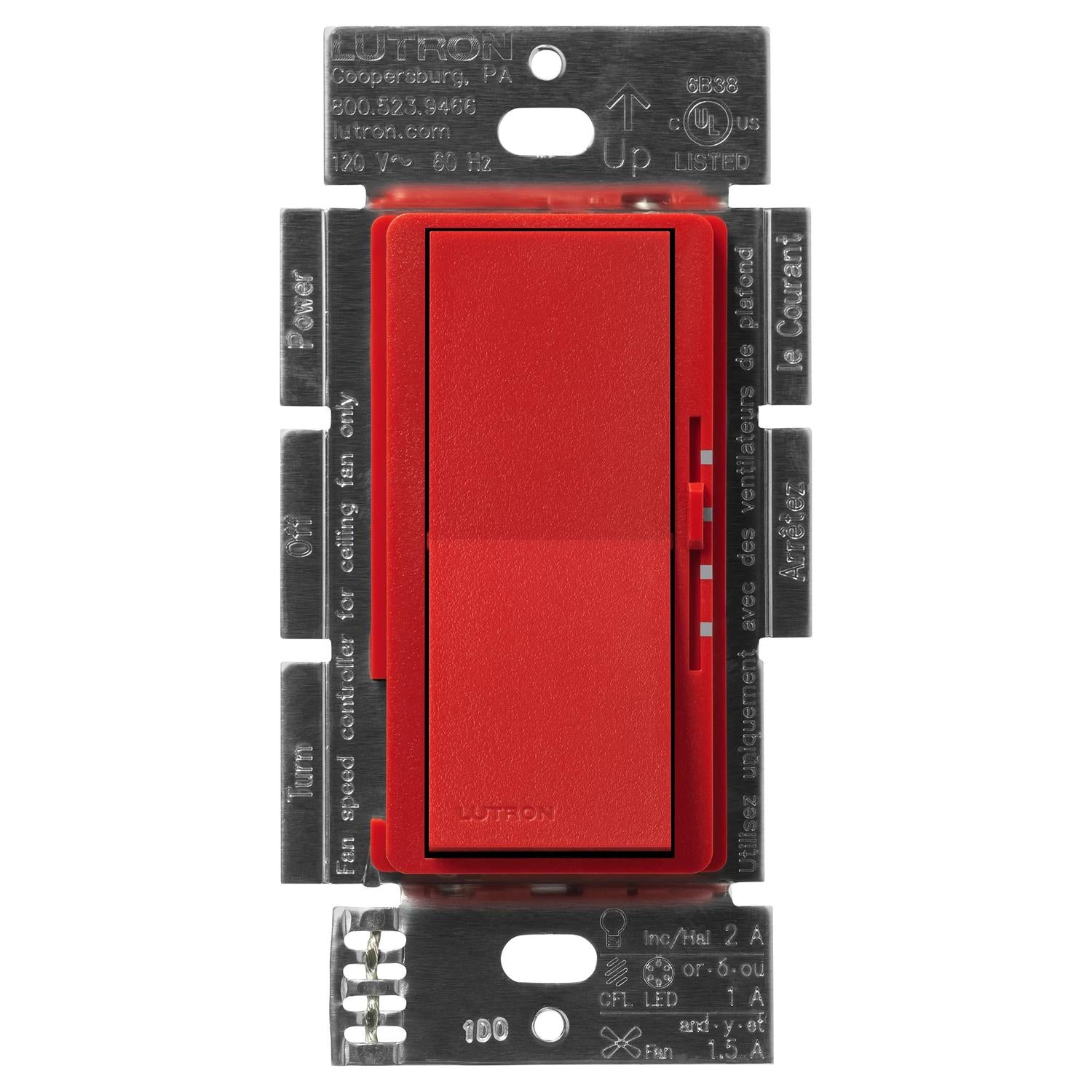 Lutron DVSCFSQ-LF-SR Diva Quiet Single Pole 3-Speed Fan Control and Light Switch - Finish: Signal Red