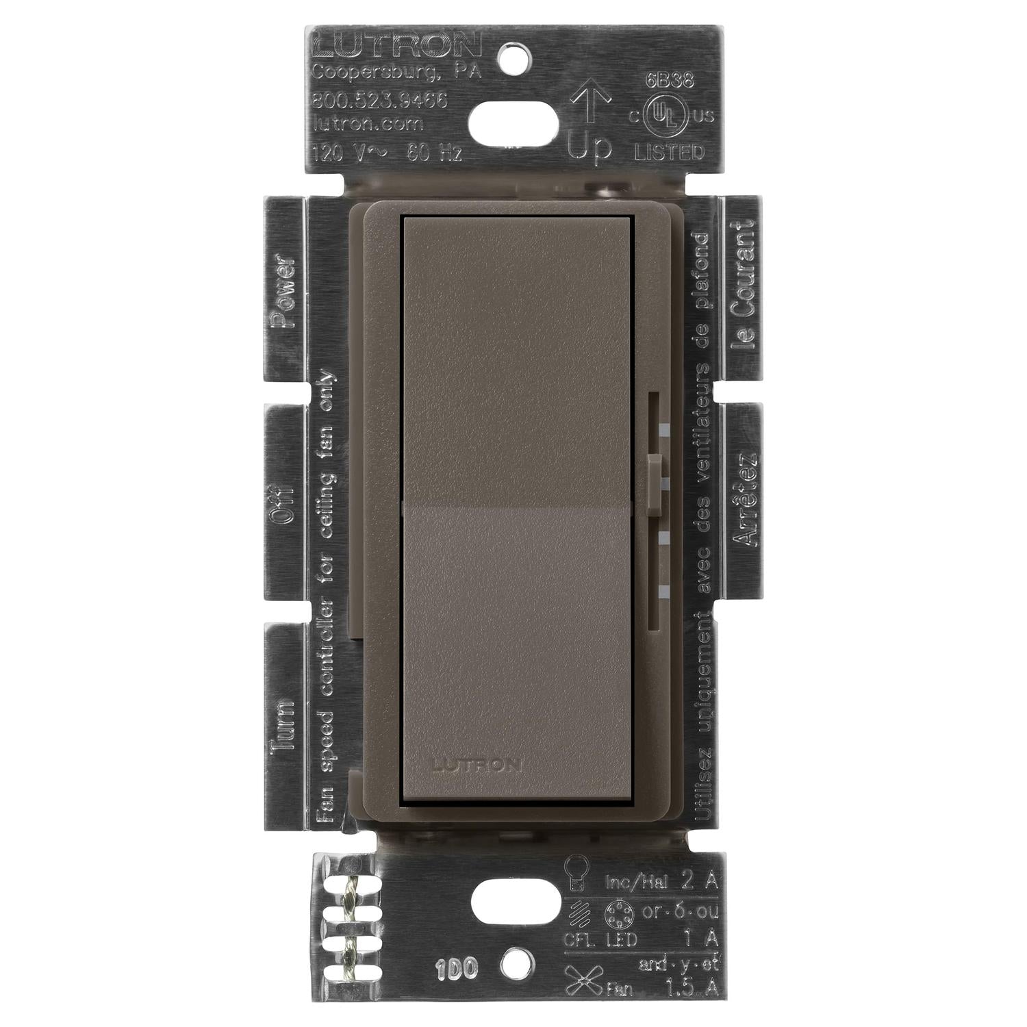 Lutron DVSCFSQ-LF-TF Diva Quiet Single Pole 3-Speed Fan Control and Light Switch - Finish: Truffle
