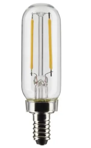 SATCO S21858 LED T6 Bulb, Dimmable, E12, Wattage 2.8W, Lumens 200 lm, Voltage 120V, Color Temperature 2700K, Clear, 2PK