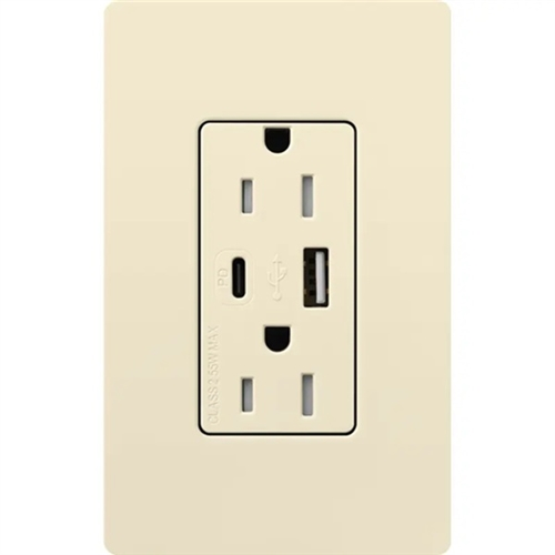 Lutron LTR-15-ACTR-AL New Architectural 15A Tamper Resistant Duplex Dual Type A and C USB Receptacle, Wallplate Not Included, Almond Finish