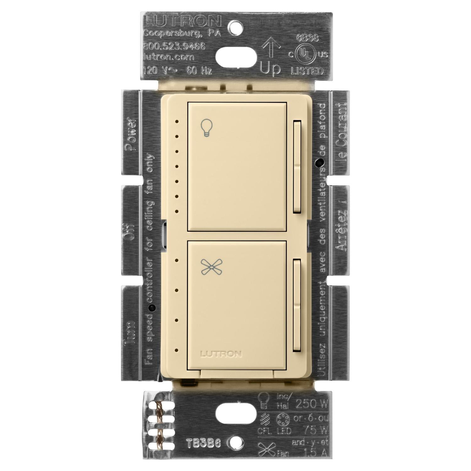 Lutron MACL-LFQH-IV Maestro Dual LED+ Dimmer and 4-Speed Fan Control - No Neutral Required - 1.5A Fan, 75W LED Light - Finish: Ivory
