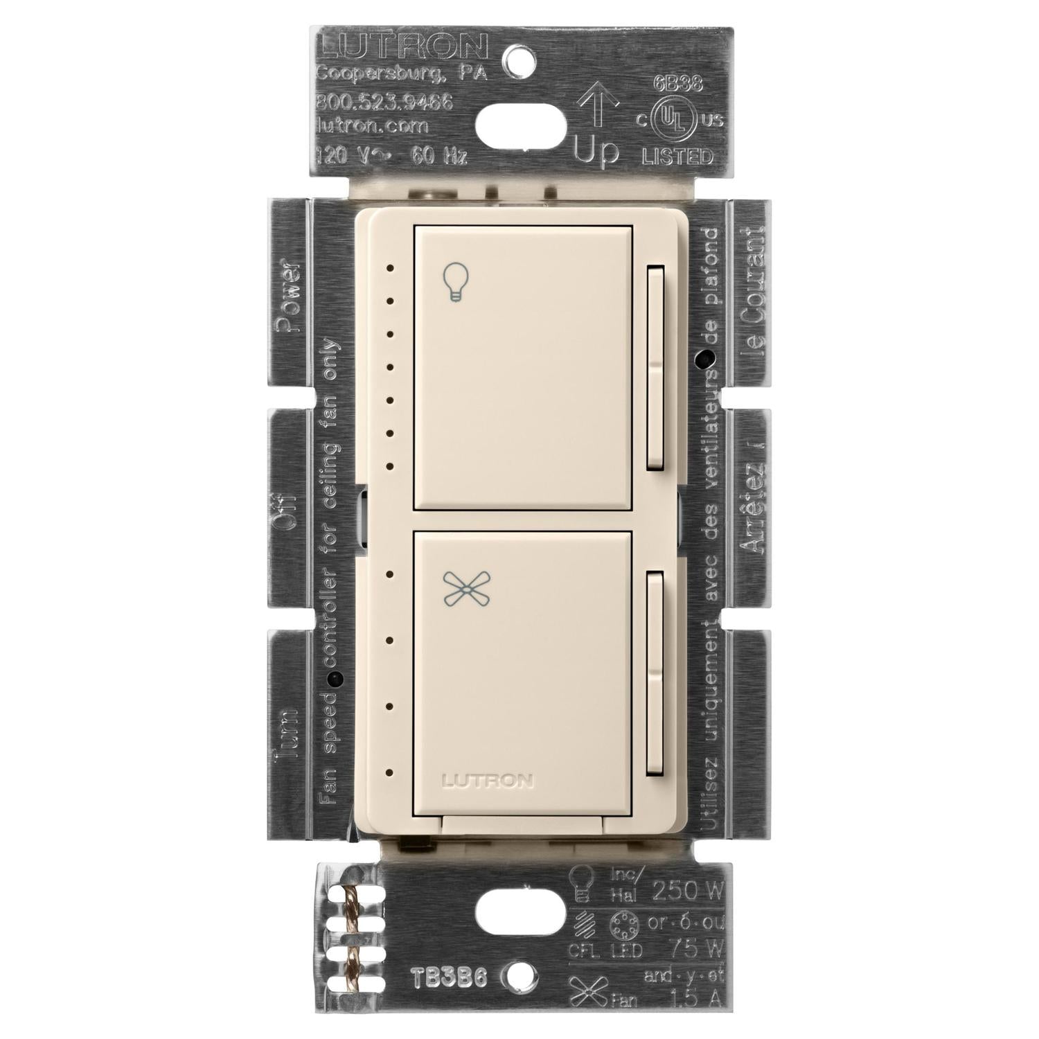 Lutron MACL-LFQH-LA Maestro Dual LED+ Dimmer and 4-Speed Fan Control - No Neutral Required - 1.5A Fan, 75W LED Light - Finish: Light Almond