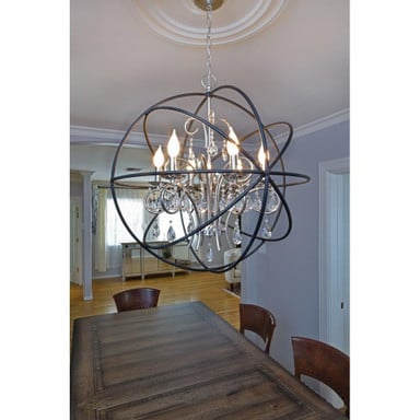 Maxim Lighting 25147ARPN Orbit 12 Light Pendant installed over a dining table, lifestyle room setting