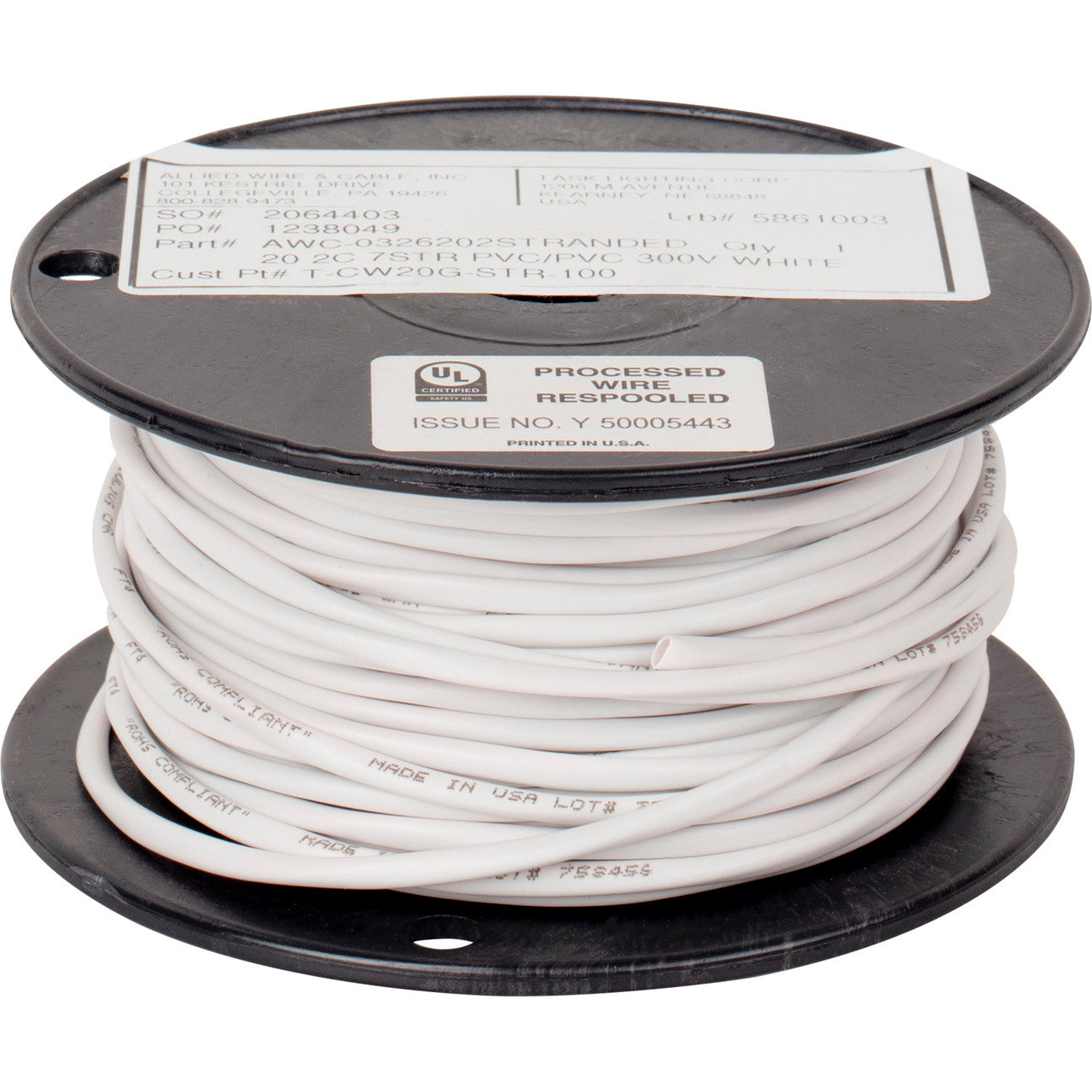 Task Lighting T-CW20G-STR-100 Wire-20 Awg-Stranded-White Jacket-UL Listed-100 Feet