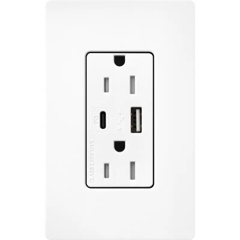 Lutron SCR-15-ACTR-BW Claro 15A Tamper-Resistant USB Type A and C Duplex Receptacle - Finish: Brilliant White