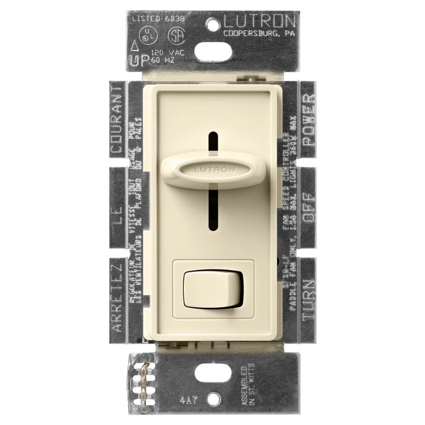 Lutron SFSQ-LFH-AL Skylark Dual Fan/Light Control - 1.5A Fan and 300W Incandescent/Halogen Light - 120V - Single Pole - Finish: Matte Almond