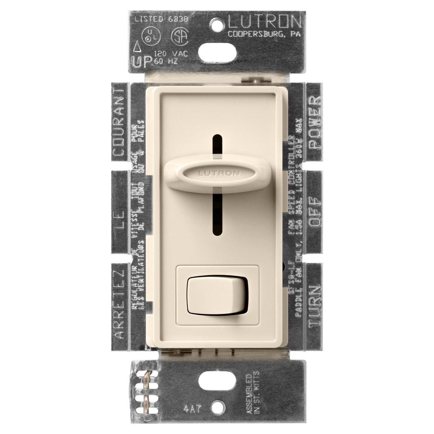 Lutron SFSQ-LFH-LA Skylark Dual Fan/Light Control - 1.5A Fan and 300W Incandescent/Halogen Light - 120V - Single Pole - Finish: Matte Light Almond