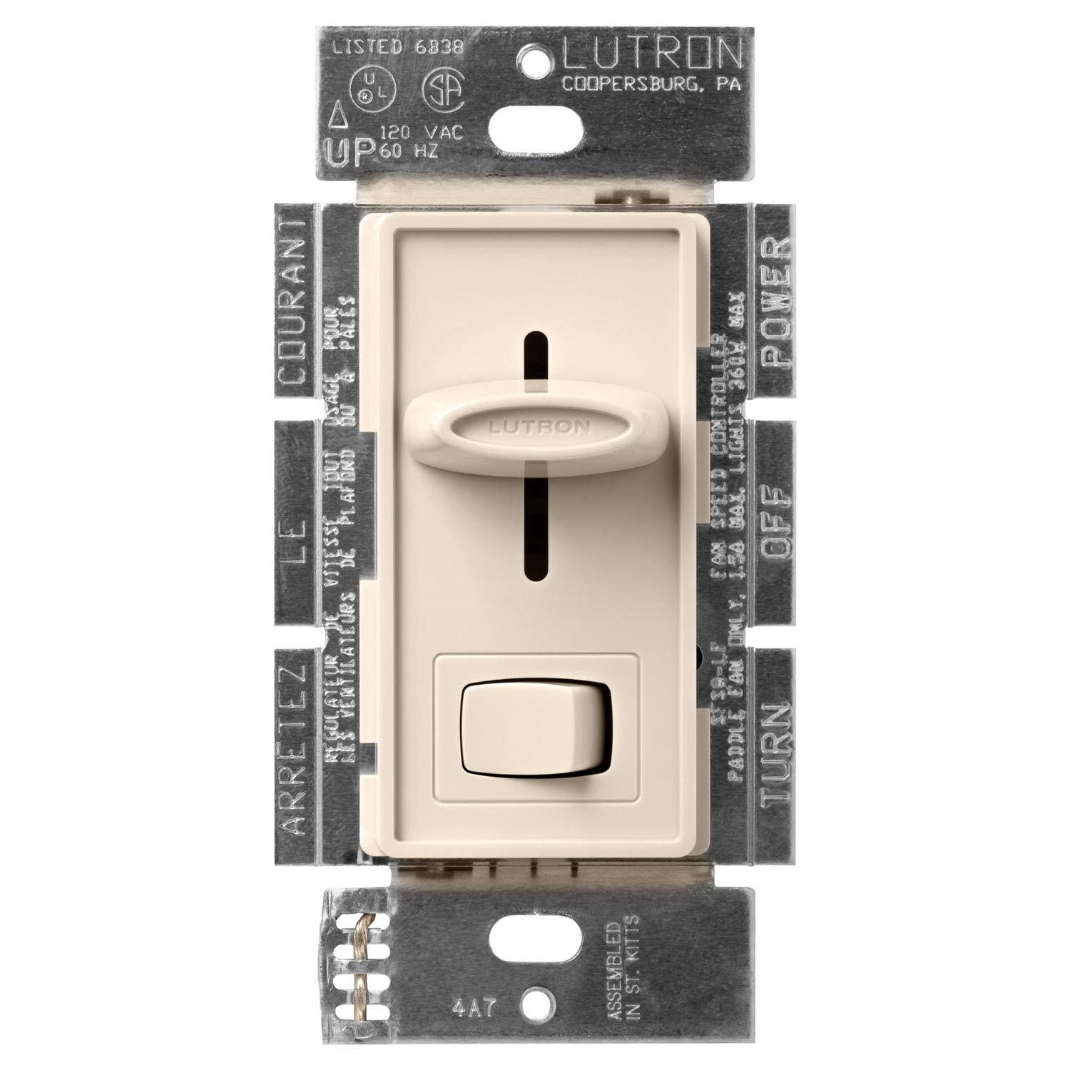 Lutron SFSQ-LFH-LA Skylark Dual Fan/Light Control - 1.5A Fan and 300W Incandescent/Halogen Light - 120V - Single Pole - Finish: Matte Light Almond