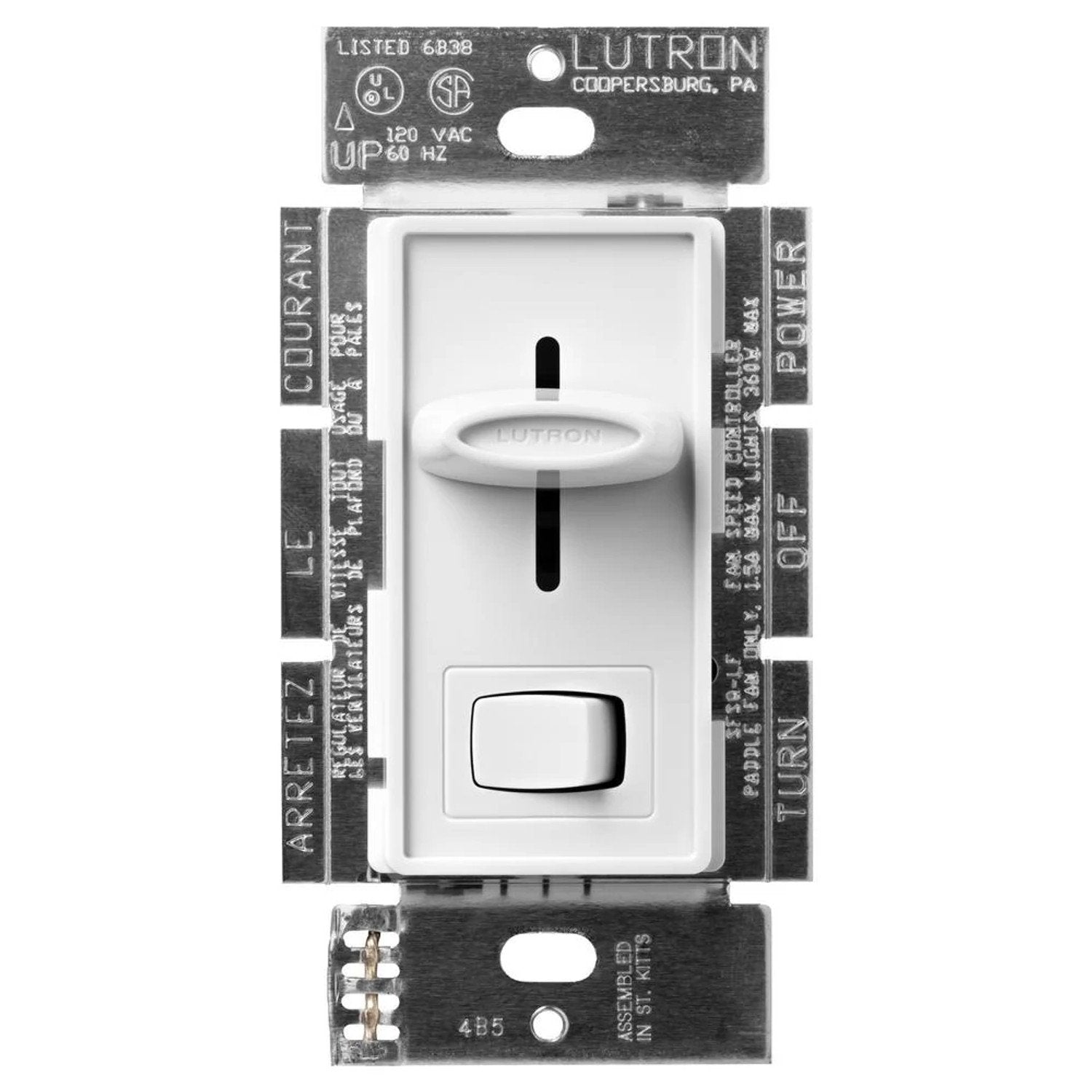 Lutron SFSQ-LFH-WH Skylark Dual Fan/Light Control - 1.5A Fan and 300W Incandescent/Halogen Light - 120V - Single Pole - Finish: Matte White