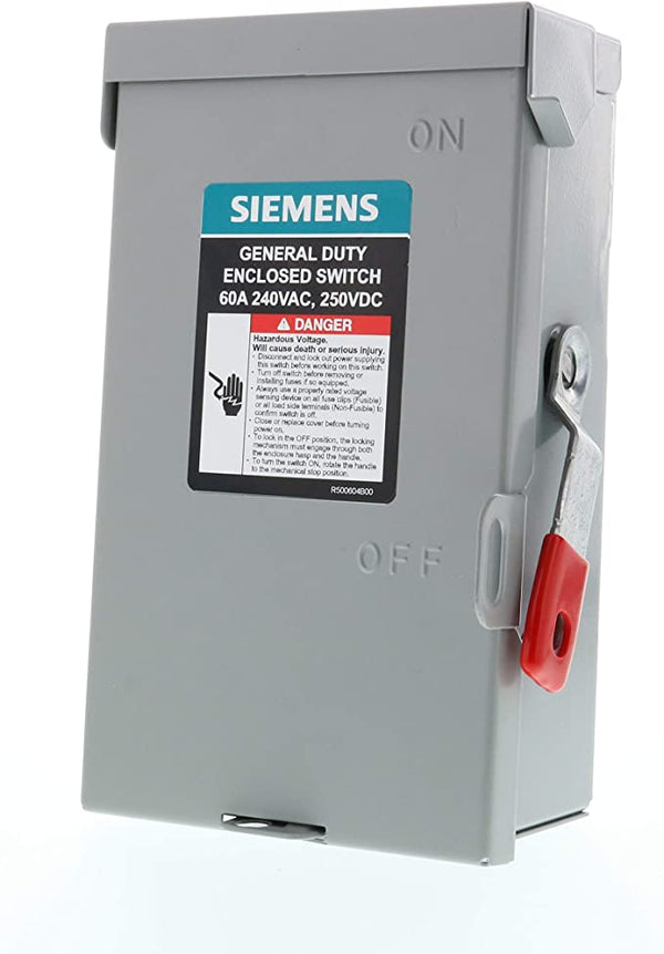 Siemens GF222NRA 60-Amp 2-Pole 3-Wire Fused Outdoor General Duty Safety ...