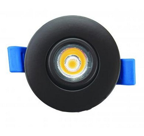 Bronze ultra-slim LED gimbal light with blue clips, central lens emitting warm yellow light, circular design.