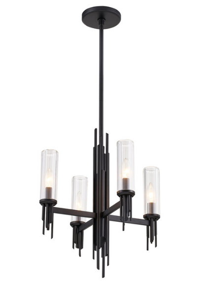 Alora Lighting CH335418MBCR Torres 18" Wide Clear Ribbed Chandelier 4 LED Light, Matte Black Finish