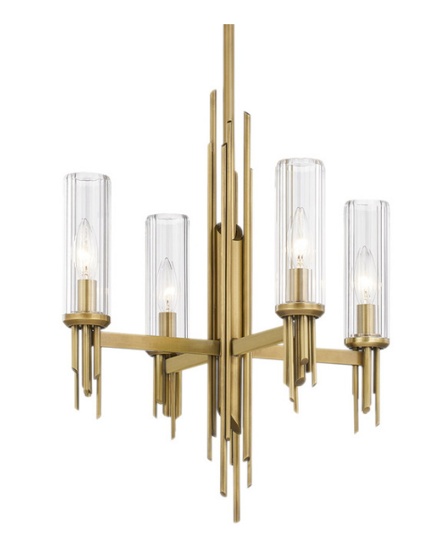 Alora Lighting CH335418VBCR Torres 18" Wide Clear Ribbed Chandelier 4 LED Light, Vintage Brass Finish