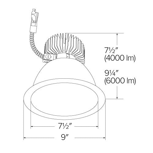 8 Inch Wall Wash LED Light Engine Trim, haze finish, round shape with heat sink, electrical connector, 6000 lumens.