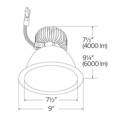 8 Inch Wall Wash LED Light Engine Trim, haze finish, round shape with heat sink, electrical connector, 6000 lumens.