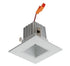 Square LED reflector light engine with white diecast body, ribbed heat sink, and orange connector.