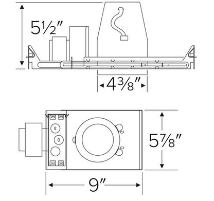 Technical drawing of ELCO Lighting EL1499-277A housing, dimensions shown, side and bottom view.